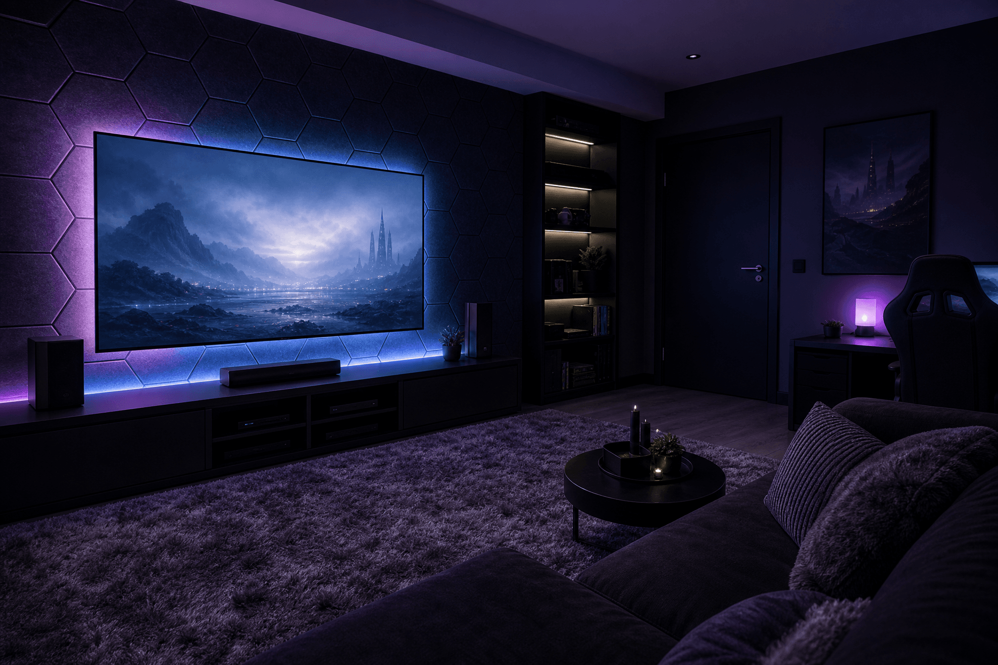 Dark gaming room treated with hexagon acoustic felt tiles