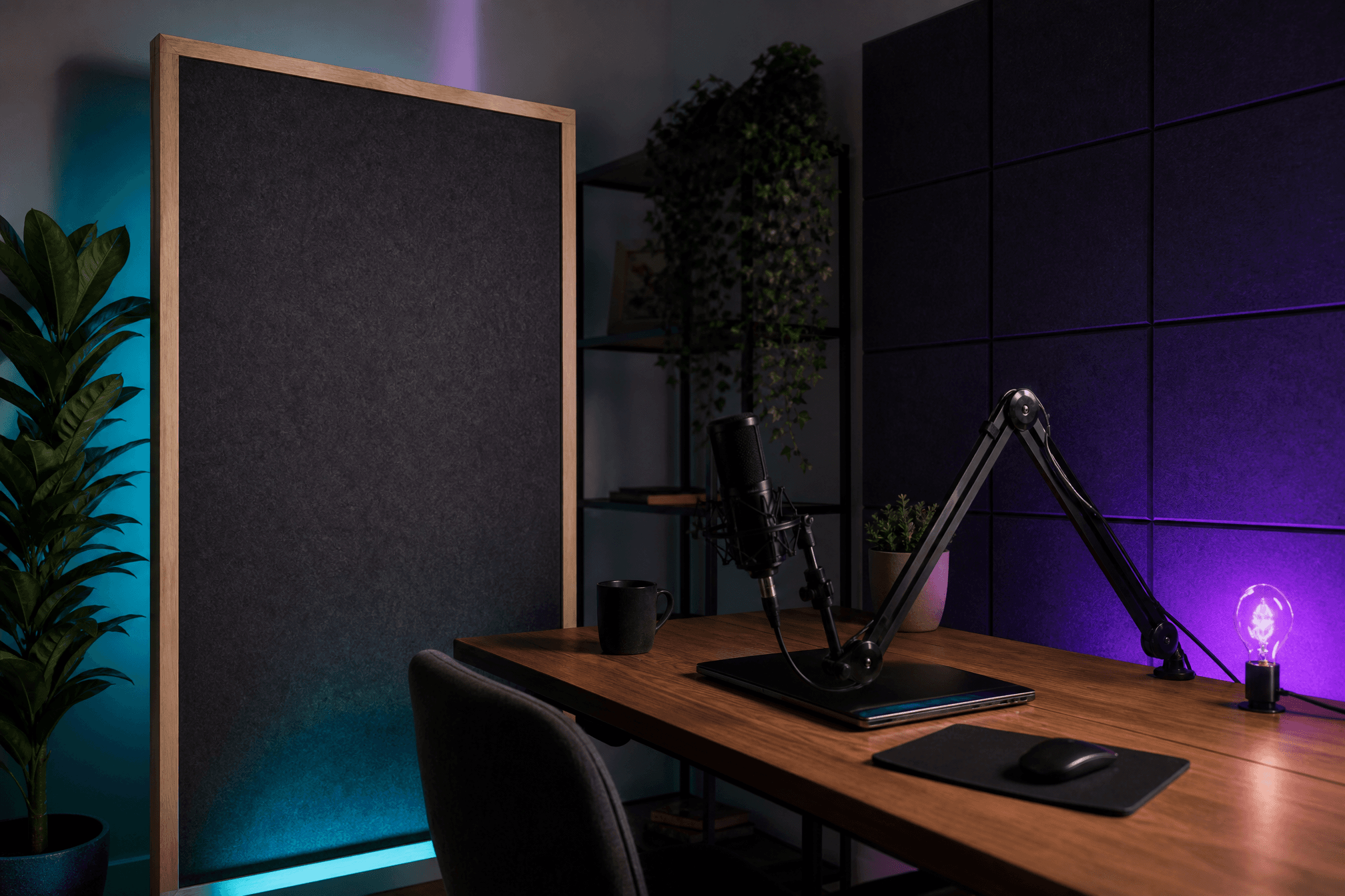 Home podcast corner with a freestanding acoustic panel and microphone